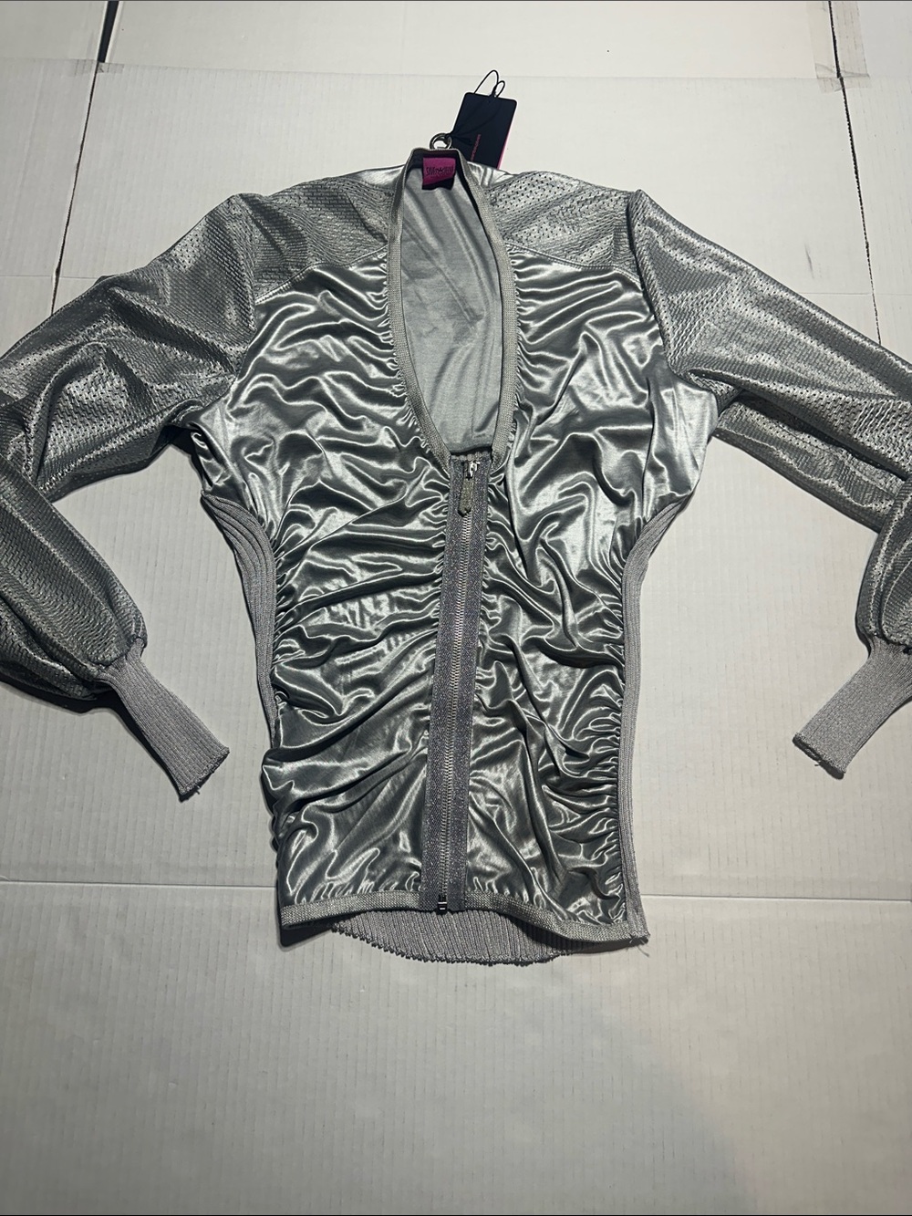 NWT Save the Queen Silver Ruched Zip-Front light zip up made in Italy couture - Picture 3 of 12